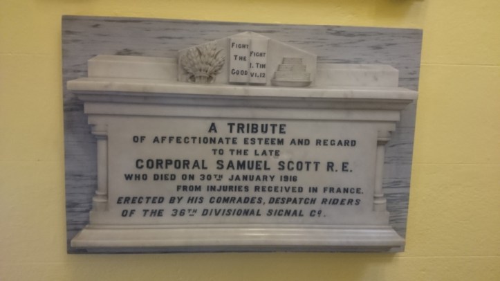 A memorial plaque for Samuel Scott in the First Newry (Sandy Street) Presbyterian Church. Photo supplied by Nigel Henderson. Original Photo: Askey Andrews.