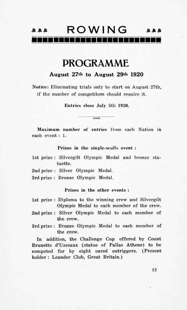 A page of the programme for the rowing events at the 1920 Olympic Games held in Antwerp confirming Leander Club as the holders from the previous Games which were held in 1912.