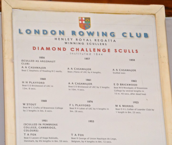 Pic 22. The Diamond Sculls honours board hanging in the Long Room at London Rowing Club, Putney.