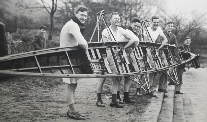 A four from Saltaire Rowing Club, Bradford, West Yorkshire. A nice, rare glimpse into a staggered seat, fixed pin boat.
