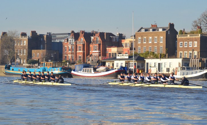 Passing The Dove Pier at Hammersmith, “Daniel” (left) now lead by over a length.
