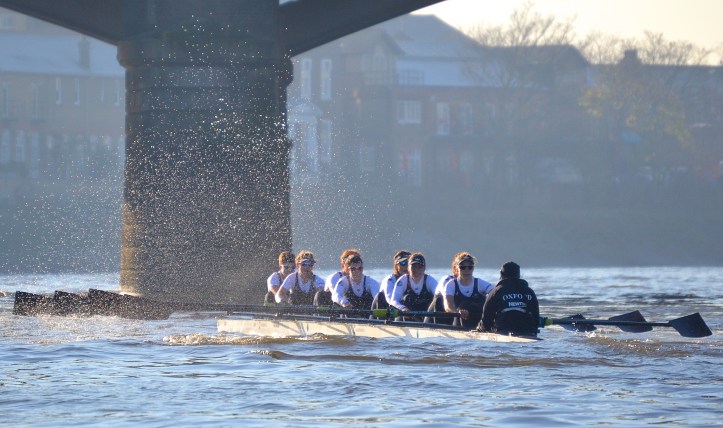 The trial boat Heather hits rough water at Barnes Bridge.