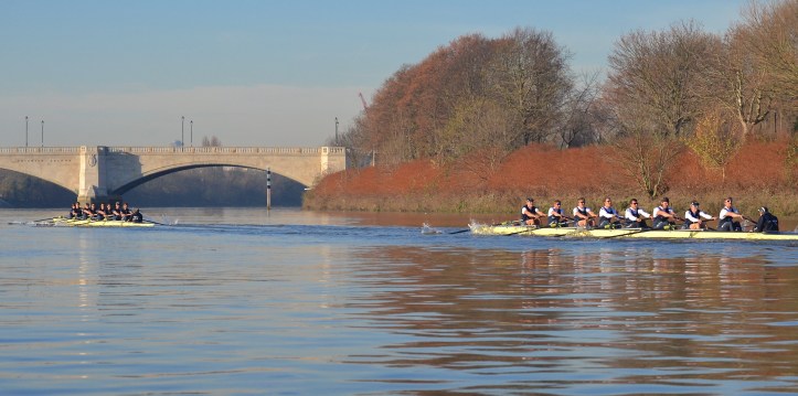 The light and dark blue post, downstream of Chiswick Bridge, marks The Boat Race finish – but not today.