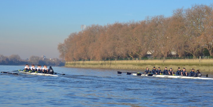 “Heather” (left) leads “Helen” along Putney Embankment. As mentioned in the report on the men’s race, the photographic parallax error makes the crew nearer the camera look further ahead than it actually was.