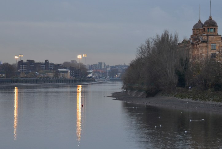 An early morning view of the first mile-and-a-half of the University Boat Race Course, looking from Hammersmith Bridge towards the start at Putney.