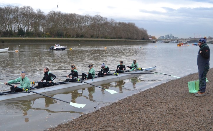 Coach Rob Baker with the crew “Hallam”, stroked by Alice White and coxed by Matthew Holland. Full crew lists are on the website http://theboatraces.org/news-article/292/cambridge-trial-eights as are squad biographies. http://theboatraces.org/cuwbc