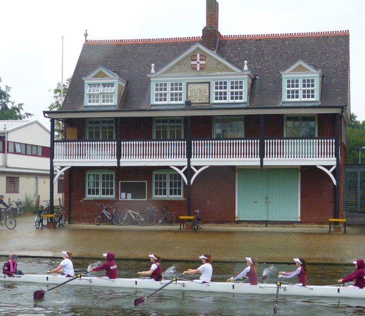 The Goldie Boathouse on the Cam at Cambridge. It was built in 1882 and is the oldest surviving intact boathouse on the river. These days, no boats are stored at ‘the Goldie’ but gymnasium work, tanking, ergometer and weight training takes place there. Spread over twelve sessions, about twenty hours a week is spent in training.