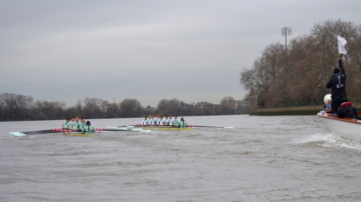 The race at the end of Putney Embankment. On the left (Surrey) is “Two Gs” stroked by Freddie Davidson and coxed by three times Boat Race veteran, Ian Middleton. On the right (Middlesex) is “One T”, stroked by Henry Meek and coxed by Hugo Ramambason. Full crew lists are here http://theboatraces.org/news-article/292/cambridge-trial-eights and crew biographies are here. http://theboatraces.org/cubc