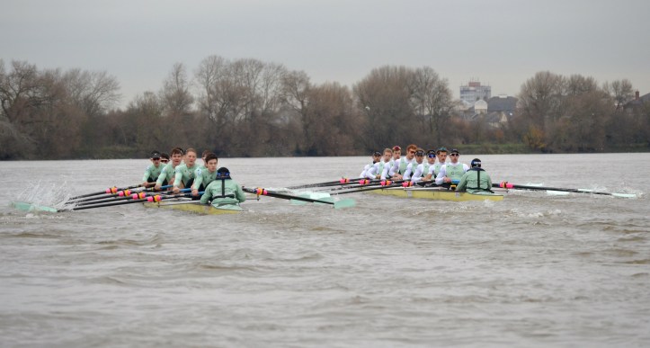 At Fulham. For those unfamiliar with the course, follow this link https://en.wikipedia.org/wiki/The_Boat_Race#/media/File:University_Boat_Race_Thames_map.svg for a map.