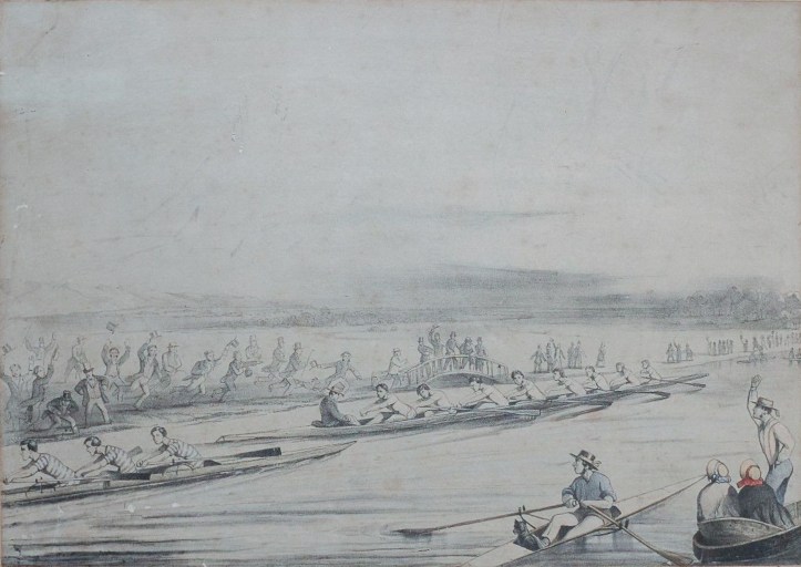 1851 lithograph by George Winter showing the Brasenose crew attempting to bump Balliol for the Head for the Head of the River in Eights. Brasenose got them the following year!