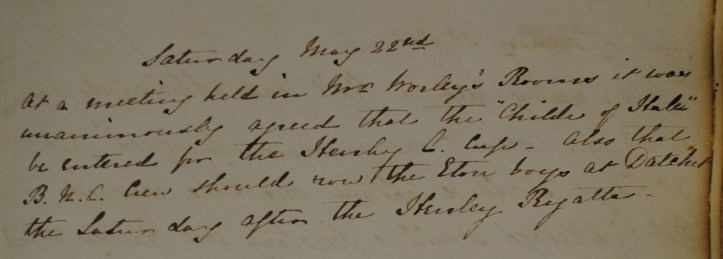 Excerpt from the 1839 Minute Book recording the entry of the Childe of Hale in the first Henley Regatta.