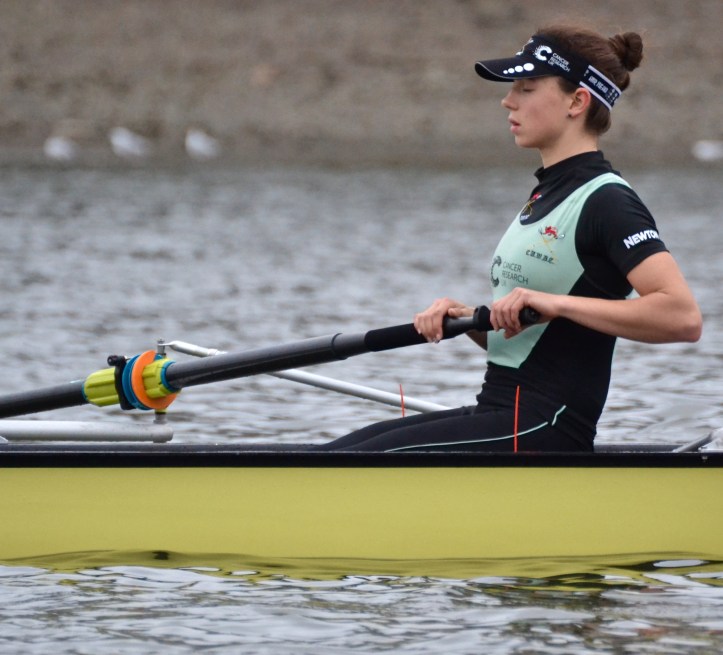 Imogen Grant, ‘4’ in the CUWBC boat, perhaps ‘visualises’ before the start of their fixture against Oxford Brookes.