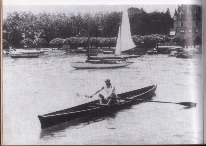 Pierre de Coubertin, founder of the modern Olympic Games, at the oars on Lake Geneva, Switzerland.